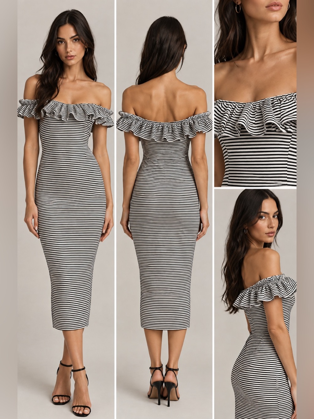 NWT Zara Trafaluc Black & White Striped Off-Shoulder Ruffle Midi Dress, Size S